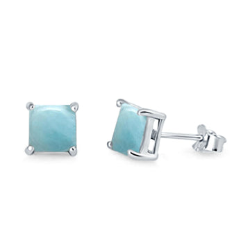 Halo Stud Earrings Princess Cut Natural Larimar 925 Sterling Silver 7mm